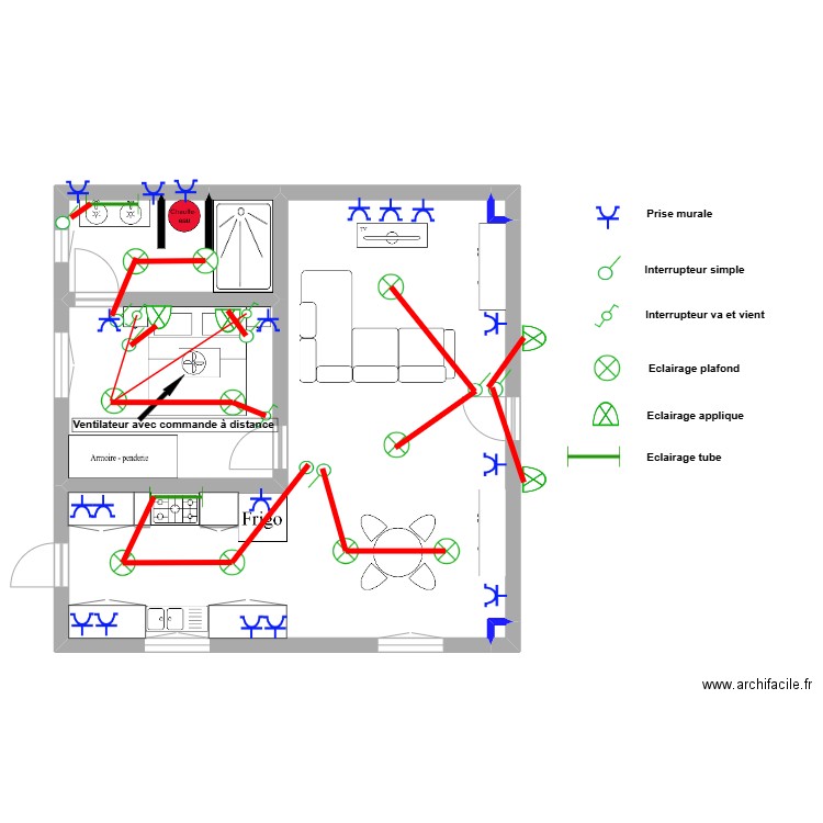 Définitif - Appartement 8 x 8 - Electricité. Plan de 5 pièces et 60 m2