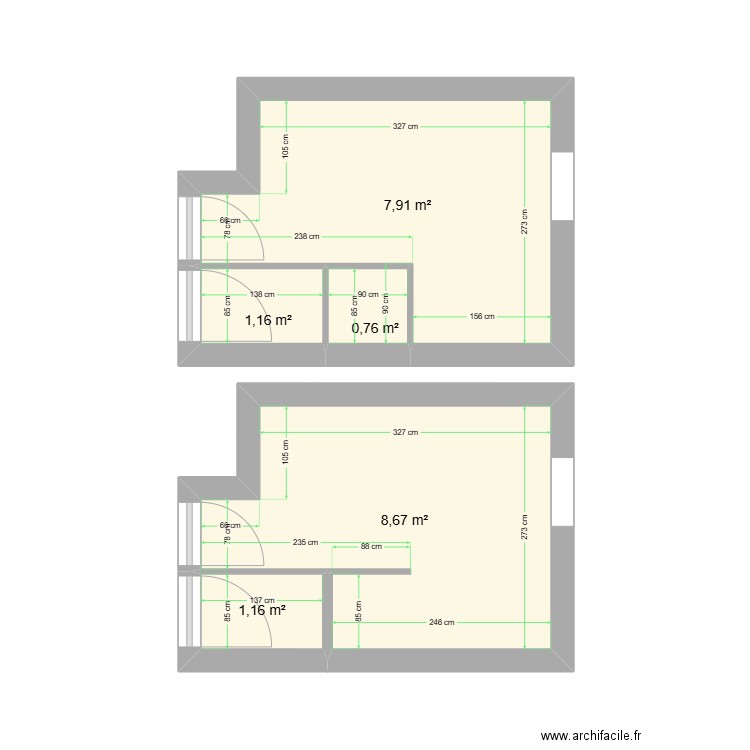 SDB. Plan de 3 pièces et 10 m2