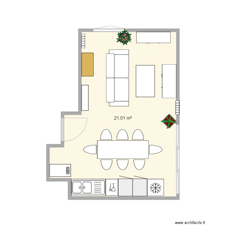 Réaménagement salon salle à manger cuisine. Plan de 1 pièce et 21 m2