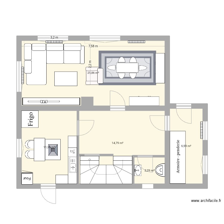 salon. Plan de 5 pièces et 61 m2