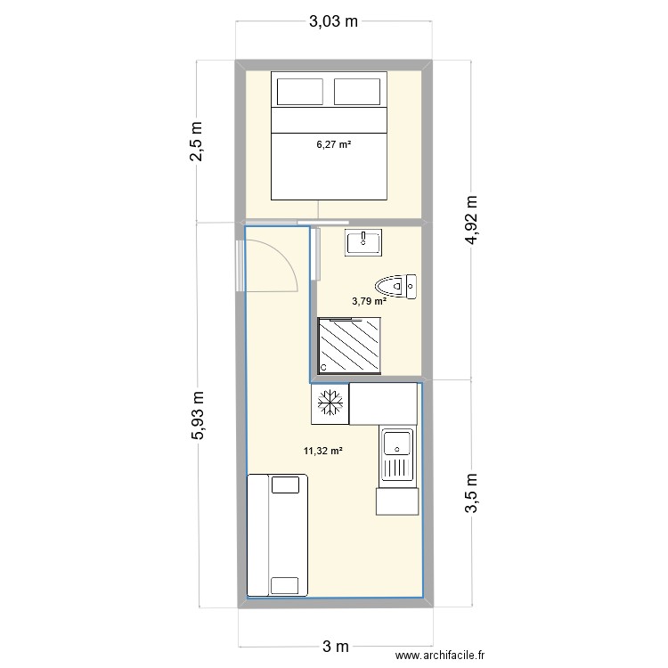 GUBA2. Plan de 3 pièces et 21 m2