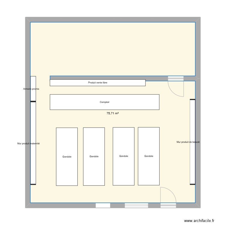 Pharmacie. Plan de 1 pièce et 76 m2