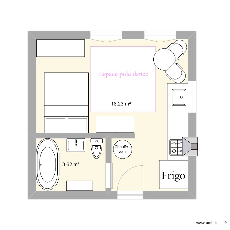 Studio 23m2. Plan de 2 pièces et 22 m2