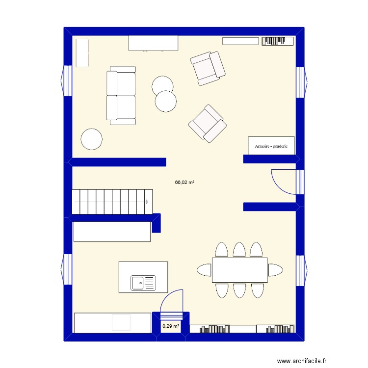 maison ouverte. Plan de 2 pièces et 66 m2