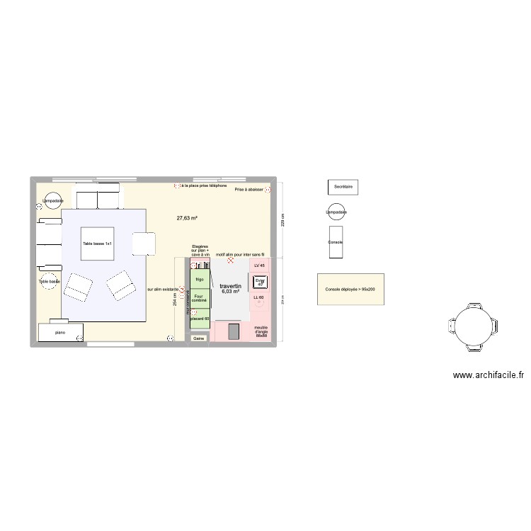 implantation prises. Plan de 3 pièces et 34 m2