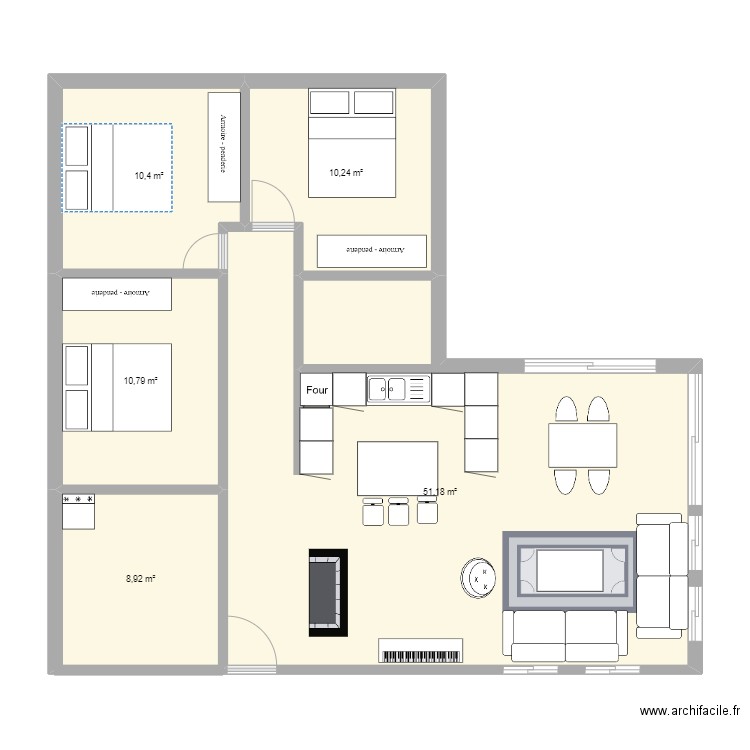 maison en L. Plan de 5 pièces et 92 m2