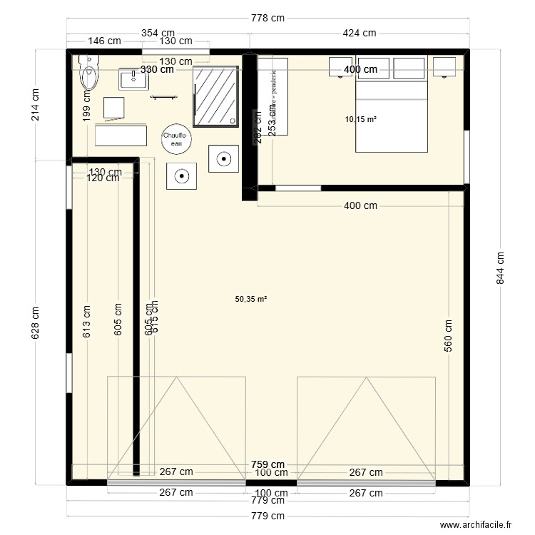 T2 - RDC. Plan de 2 pièces et 61 m2