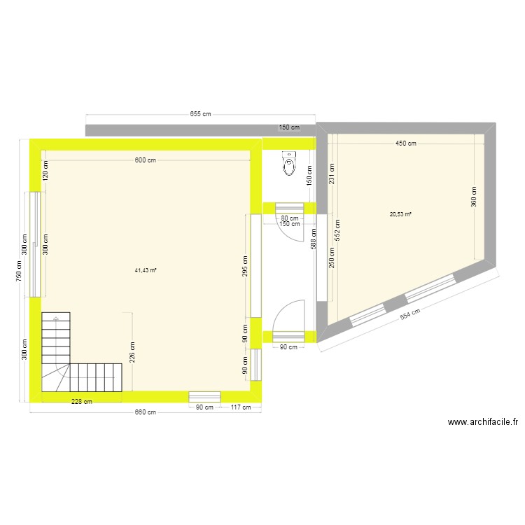 Vue plan rez projet extension WWM02.25 Eghezée. Plan de 2 pièces et 62 m2