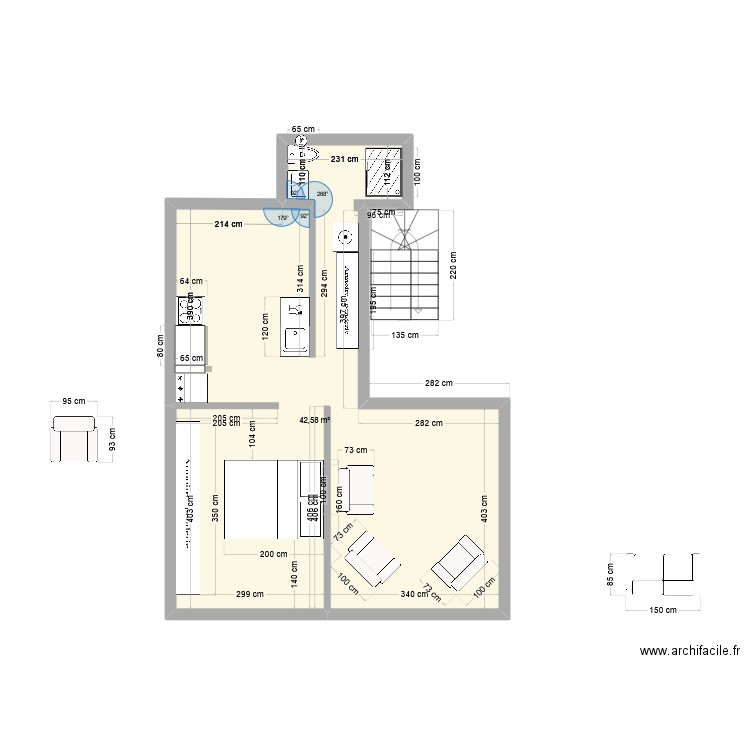 Paris 14 V4. Plan de 1 pièce et 43 m2