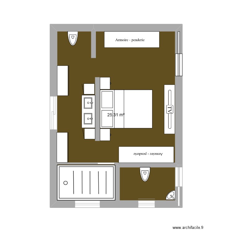 Chambre n° 1 / W.C. Plan de 1 pièce et 25 m2