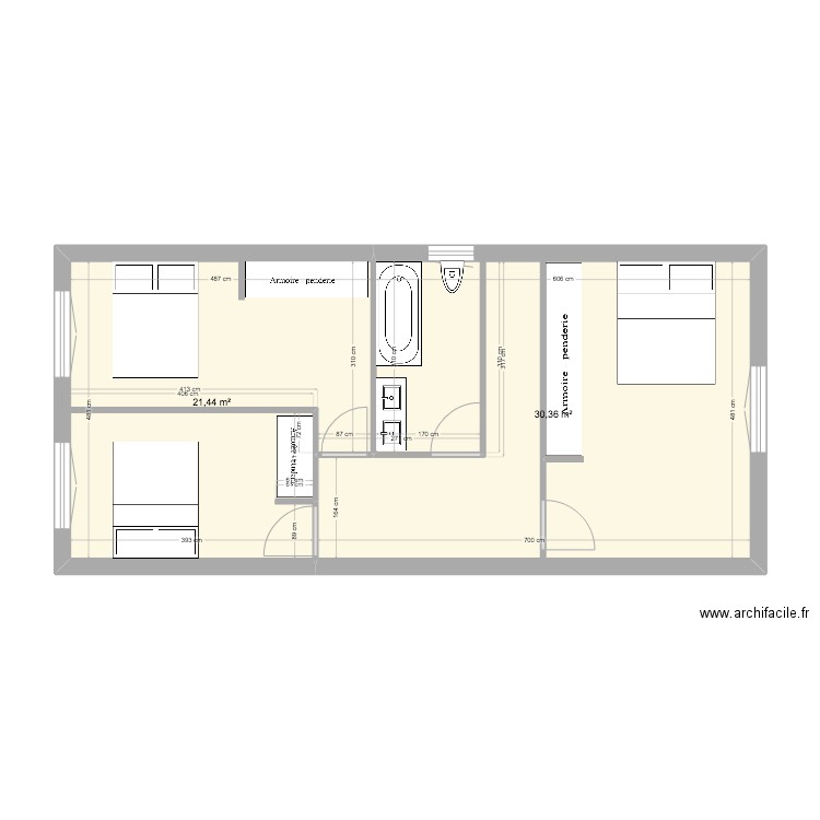 veigy etage. Plan de 2 pièces et 52 m2