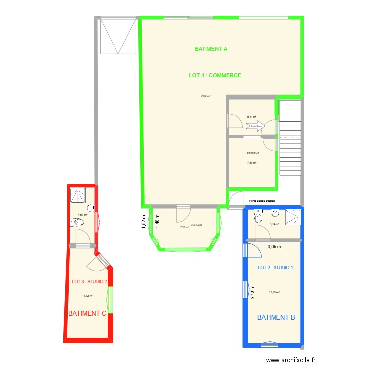 PLAN RDC TABAC LOT 1-2-3. Plan de 8 pièces et 128 m2