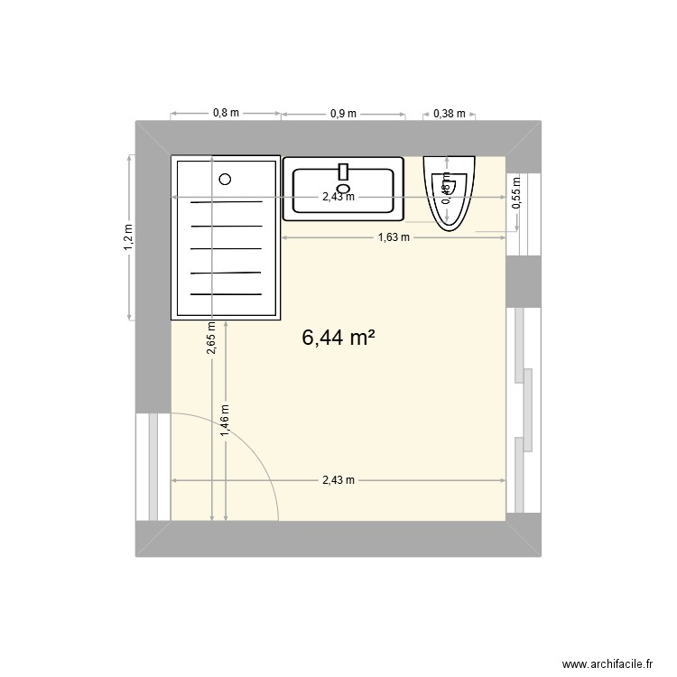 sale de bain. Plan de 1 pièce et 6 m2