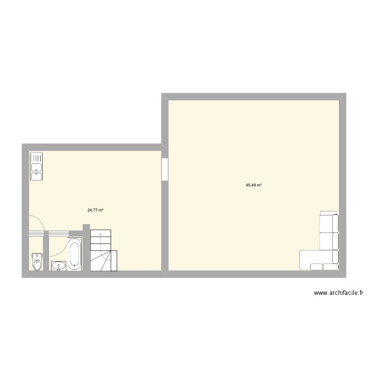 house. Plan de 2 pièces et 70 m2