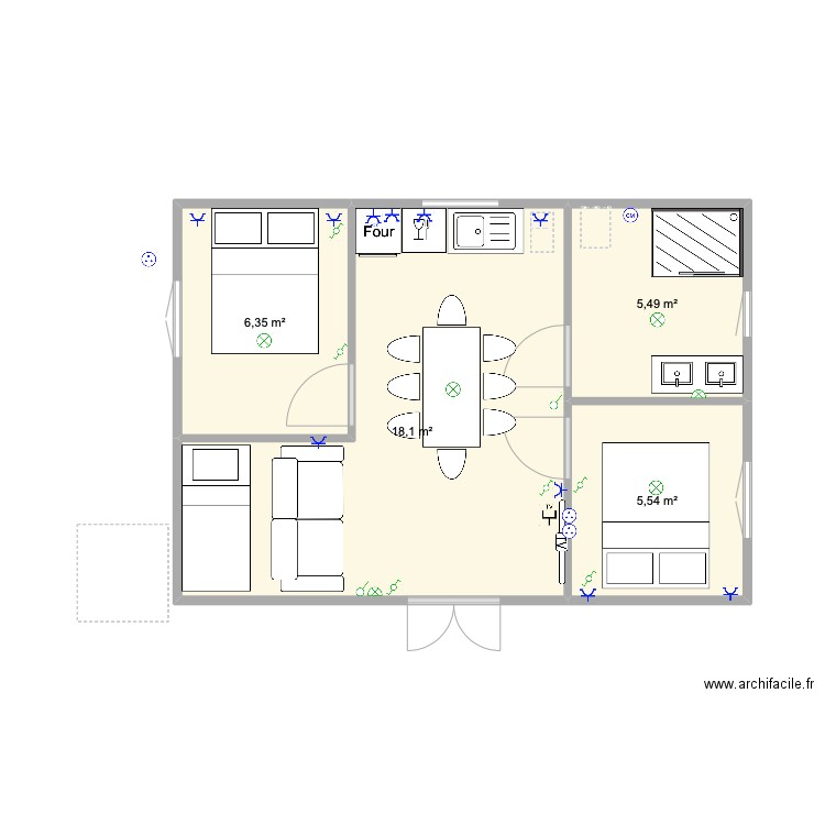 chalet électrique. Plan de 4 pièces et 35 m2