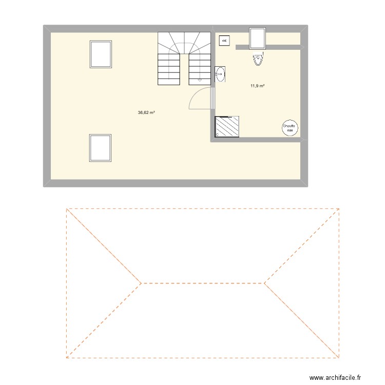 Grenier N2. Plan de 2 pièces et 49 m2