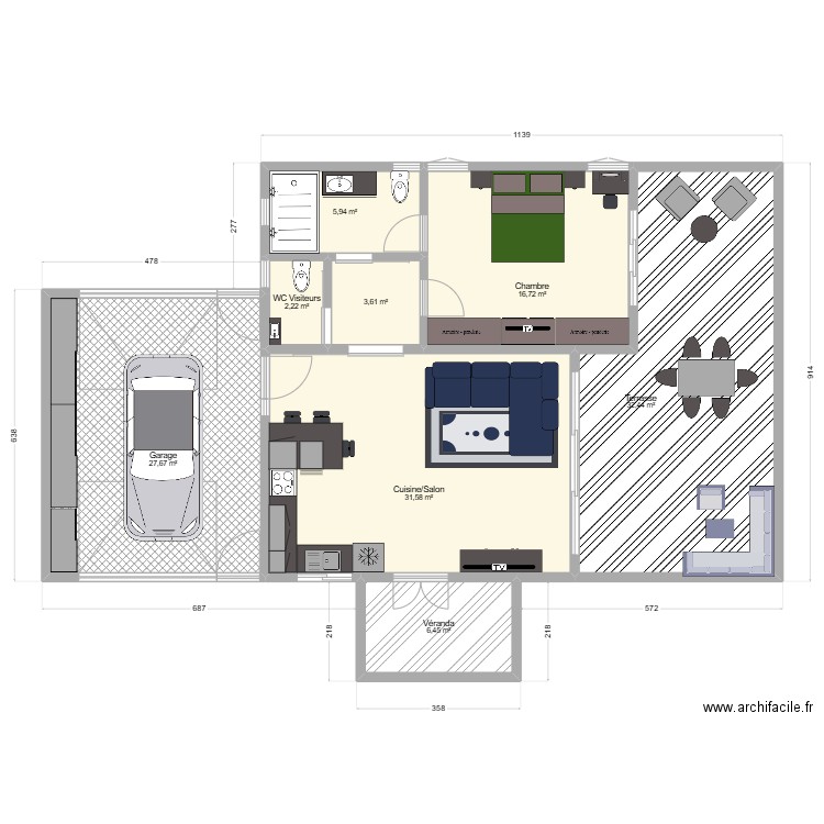 T2_60 M2 + Garage 24 M2. Plan de 7 pièces et 115 m2