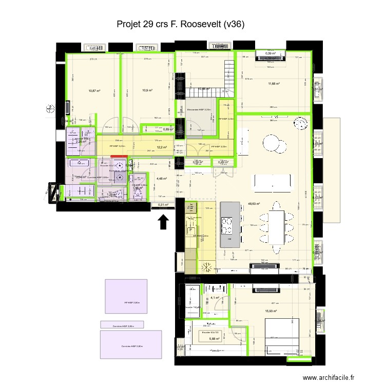 29 crs FR v36 ss meubles. Plan de 34 pièces et 152 m2