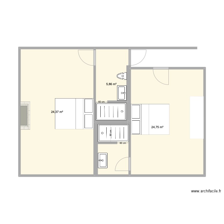 CHAMBRES 2 ET 3 SDB WC projet 6. Plan de 3 pièces et 55 m2