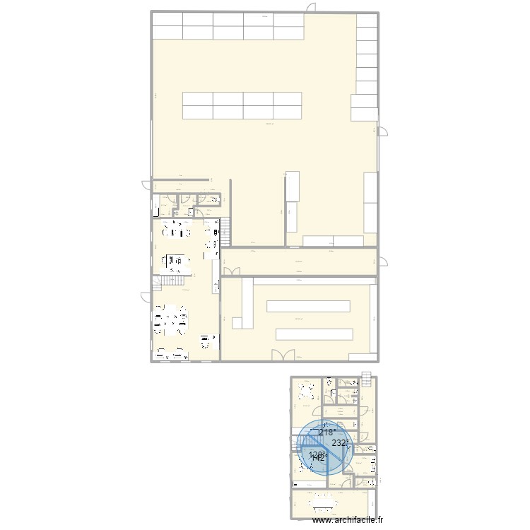 new layout with 20m width mezz access to upstairs. Plan de 18 pièces et 699 m2