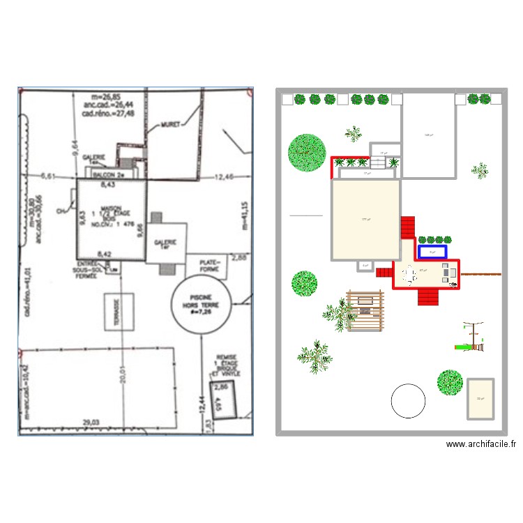 Aménagement extérieur maison. Plan de 9 pièces et 47 m2