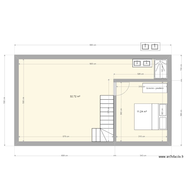 Appartement garage. Plan de 2 pièces et 44 m2