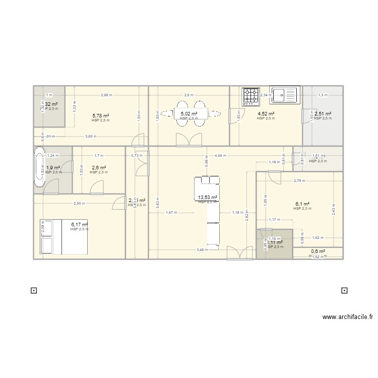 achi. Plan de 14 pièces et 55 m2