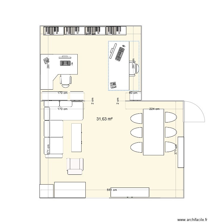 plan salon bureau. Plan de 1 pièce et 32 m2