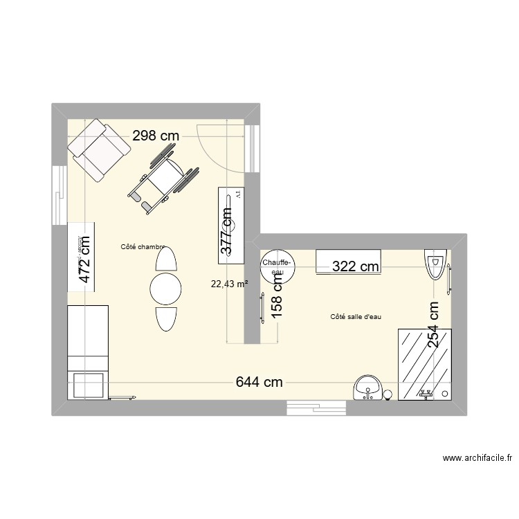 studio. Plan de 1 pièce et 22 m2