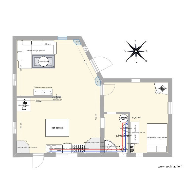 PROJET INOU BORD DE MER . Plan de 2 pièces et 63 m2