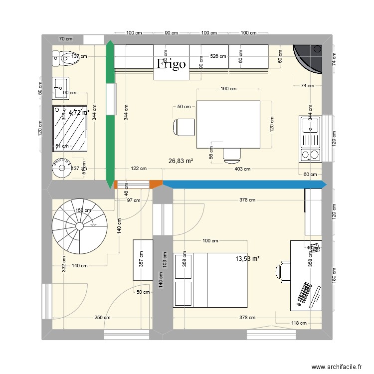 Ruine. Plan de 3 pièces et 45 m2