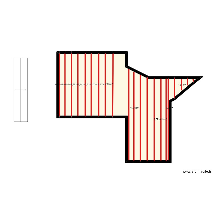 terrasse. Plan de 14 pièces et 38 m2