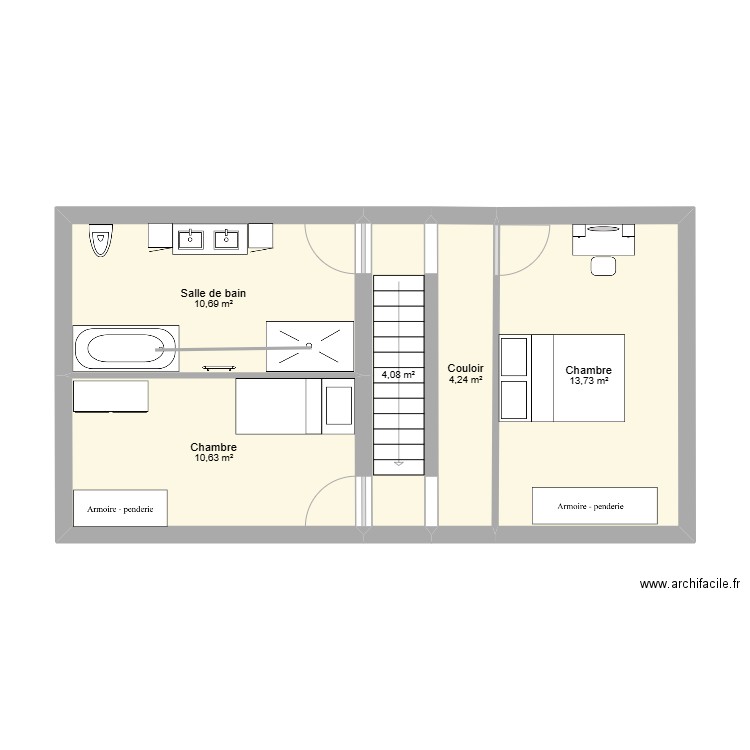 Quenast 1er étage. Plan de 5 pièces et 43 m2