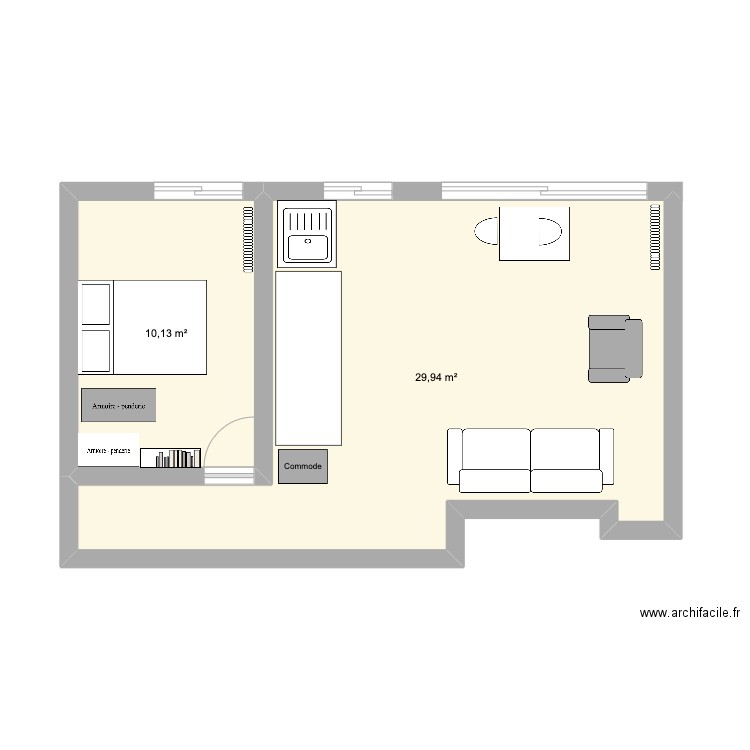 Stendhal. Plan de 2 pièces et 40 m2