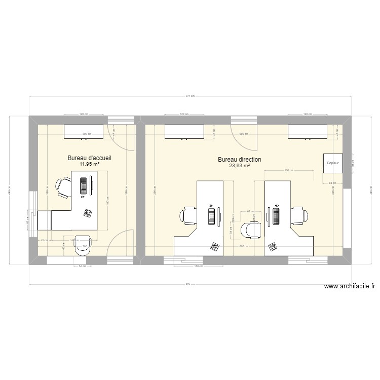 Bureau ARM. Plan de 2 pièces et 36 m2