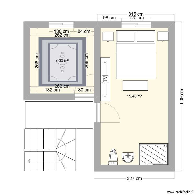 duplex. Plan de 2 pièces et 23 m2