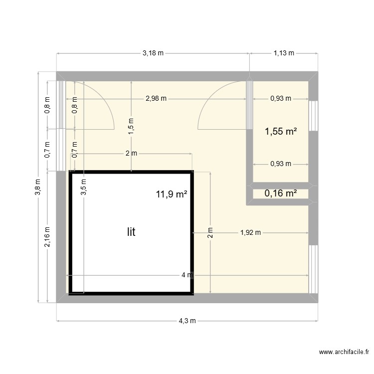 bouabre 2 chambre. Plan de 3 pièces et 14 m2