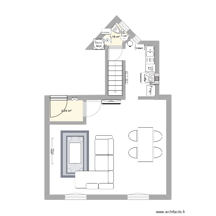 5 péri Appt grand salon. Plan de 2 pièces et 3 m2