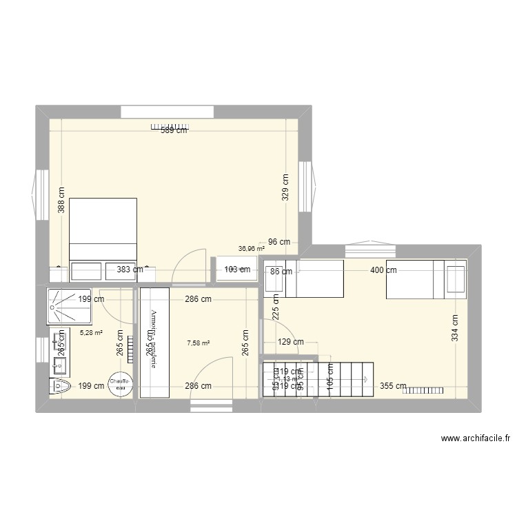 1er étage_étape 2_sanitaires a l'est_avec escalier. Plan de 4 pièces et 51 m2