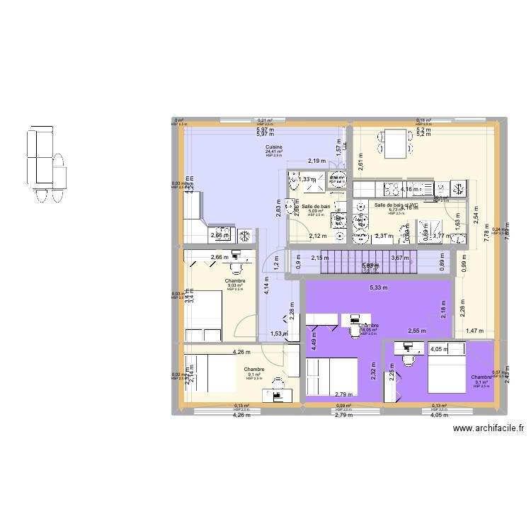 2V2 ETAGE. Plan de 21 pièces et 108 m2