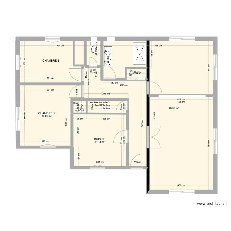 1er étage Bahinos actuel. Plan de 7 pièces et 94 m2