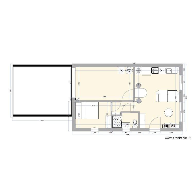 garage aménagé. Plan de 1 pièce et 42 m2