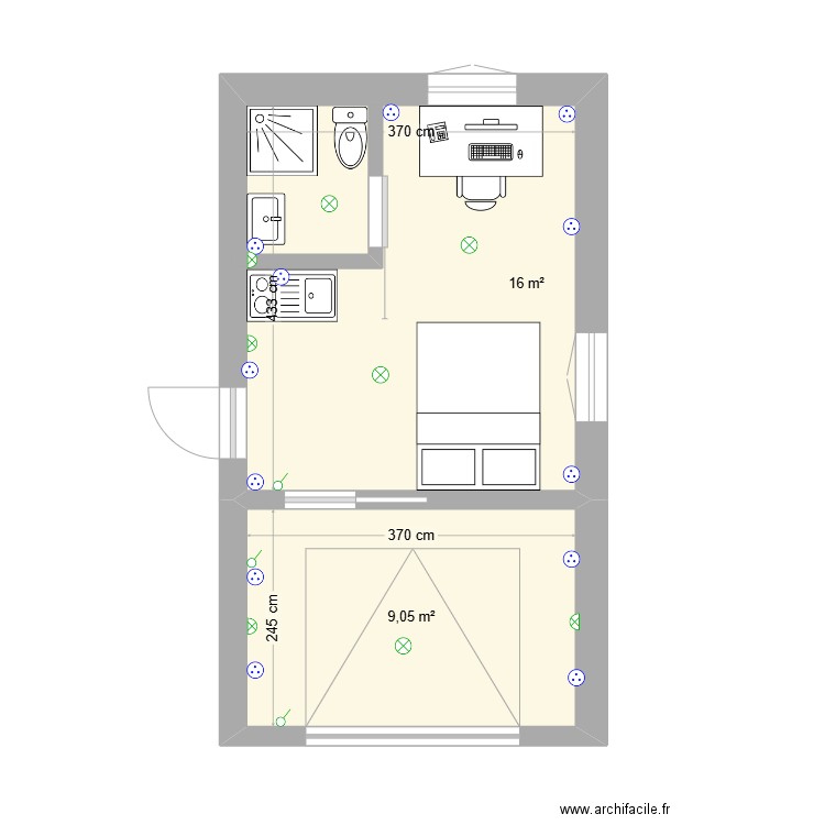 Bureau et garage. Plan de 2 pièces et 25 m2