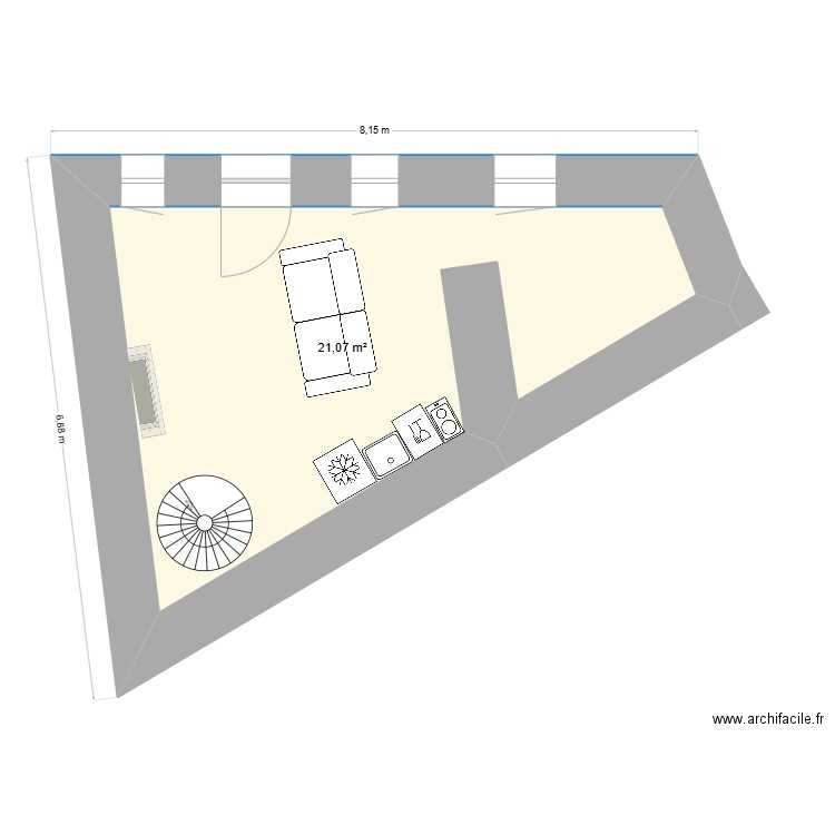 Studio Yeu. Plan de 1 pièce et 21 m2