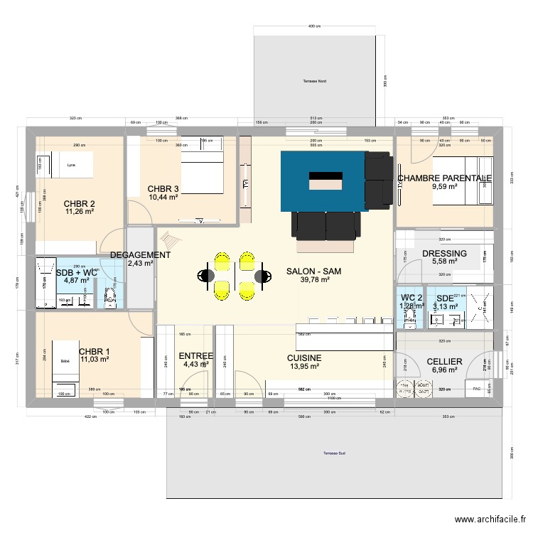 LA BOISSIERE - PLAN 7 bis - cuisine et entrée fermées . Plan de 13 pièces et 125 m2