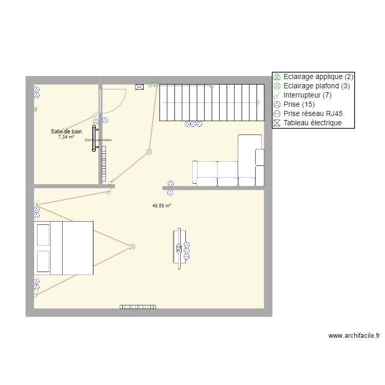 Greniere. Plan de 2 pièces et 57 m2