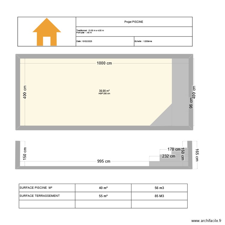 Plan en coupe piscine 10x4 . Plan de 1 pièce et 40 m2