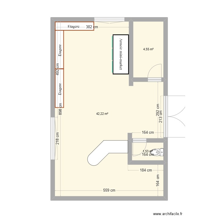 épicerie. Plan de 3 pièces et 48 m2