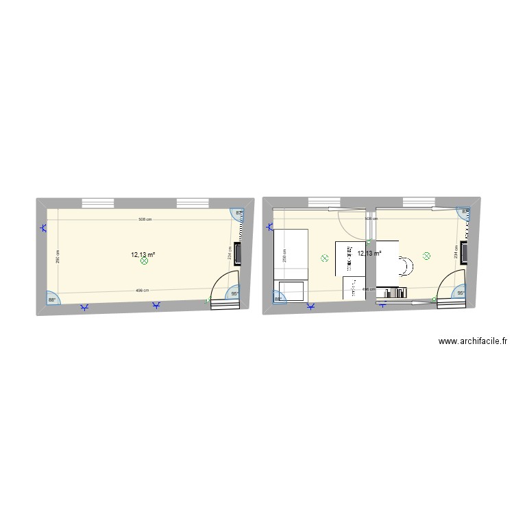 Projet de chambre 2 & Bureau. Plan de 2 pièces et 24 m2