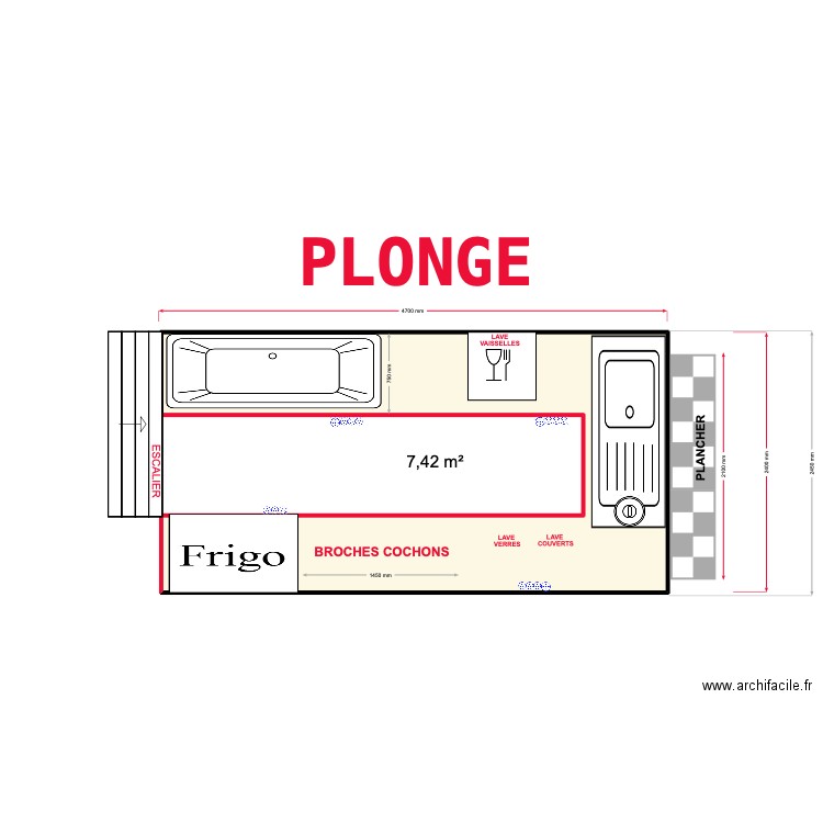 plonge 2. Plan de 1 pièce et 7 m2